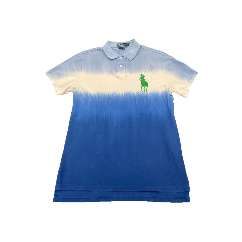 Vintage Polo Ralph Lauren Big Pony Ombre Tie Dye Polo Shirt L Blue White Preppy‎